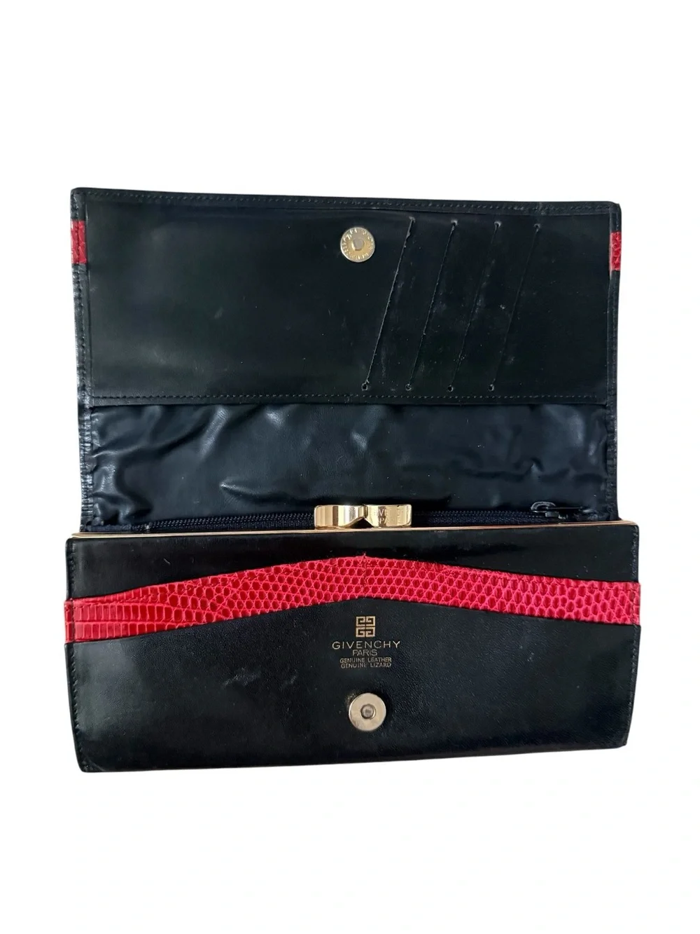 Vintage GIVENCHY PARIS Black Leather Long Wallet with Red Lizard Accent